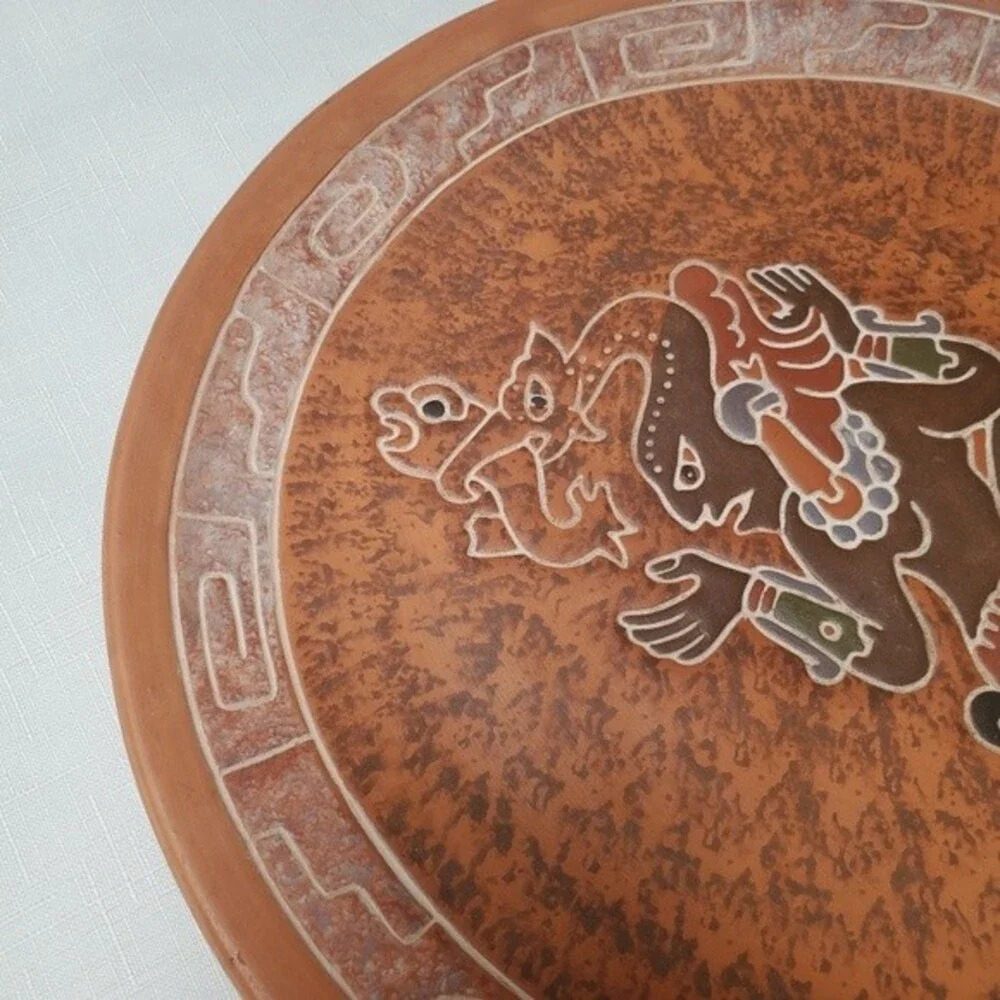 Vintage Mexican Pottery Plate Wall Hanger Aztec Mayan Snake Fish  - RARE